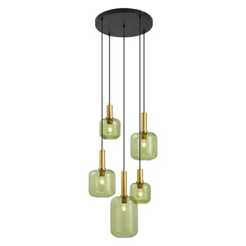 Závesné svietidlá Hotelová elegantná závesná lampa čierna a zlatá so zeleným sklom 5-svetiel - Zuzanna