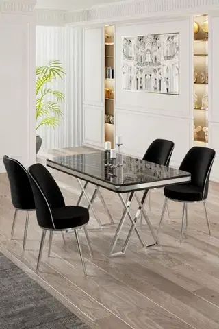 Jedálenské sety Dining Table & Chairs Set (5 Pieces) Vals - Black Marble, Chrome, Black