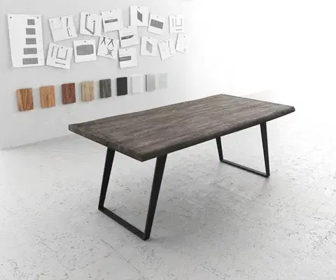 Jedálenské stoly DELIFE Jedálenský stôl Edge 200x100 XL akácia platinová kov šikmý Live-Edge