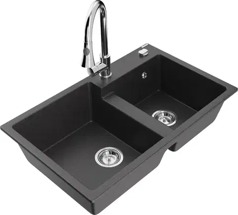 Kuchynské drezy MEXEN/S MEXEN/S - Tomas granitový drez 2-bowl vrátane batérie Elia, čierna kropenatá 6516-76-670101-00