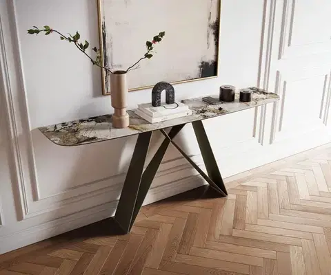 Konzolové stolíky DELIFE Konzolový stolík Edge zaoblený tvar 180×40 cm keramika Patagonia leštená Velio kov titánová farba