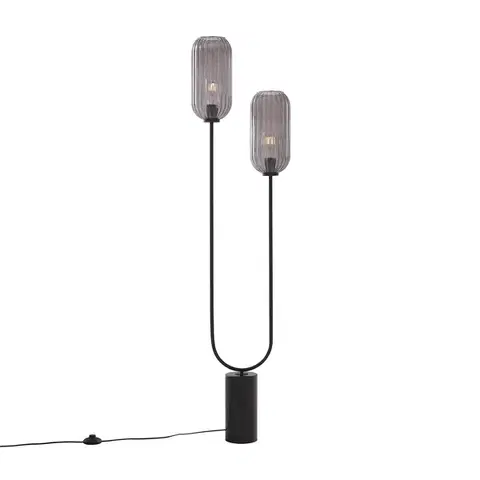 Stojace lampy Art Deco stojaca lampa čierna s dymovým sklom 2-svetlo - Rid