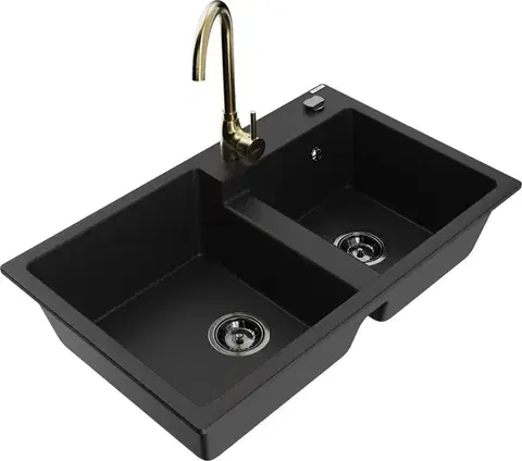 Kuchynské drezy MEXEN/S MEXEN/S - Tomas granitový drez 2-bowl vrátane batérie Telma, čierna 6516-77-670200-50-B