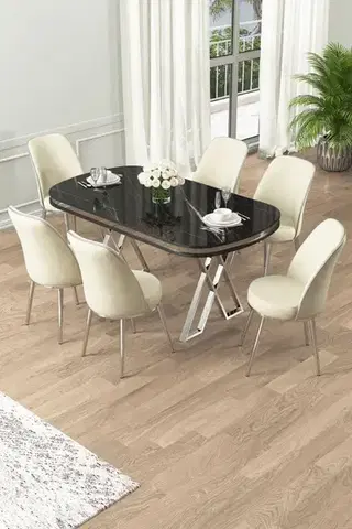 Jedálenské sety Dining Table & Chairs Set (7 Pieces) Lai - Black Marble, Chrome, Cream