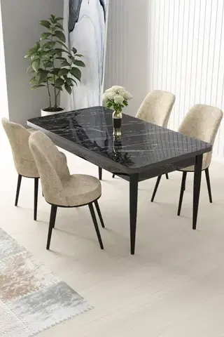Jedálenské sety Dining Table & Chairs Set (5 Pieces) Nil - Black Marble, Cream