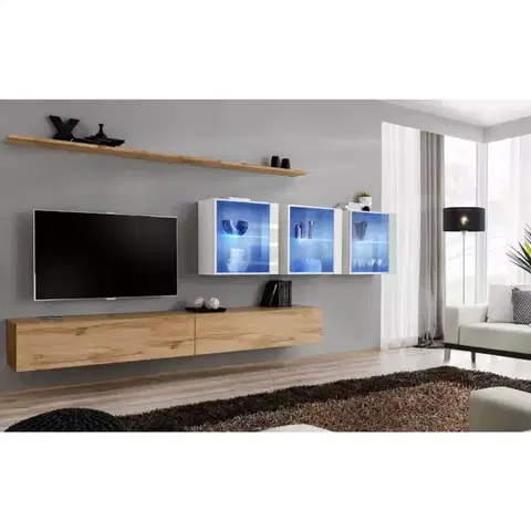 Podkrovný nábytok Obývacia stena Switch XVII Sklo +LED  Wotan/Biely