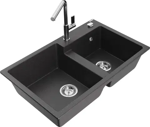 Kuchynské drezy MEXEN/S MEXEN/S - Tomas granitový drez 2-bowl vrátane batérie Flora, čierna kropenatá 6516-76-670401-00