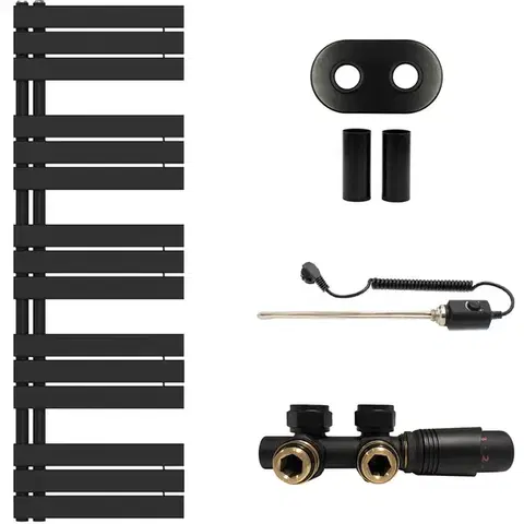 Doplnky do kúpeľne CERANO - Koupelnový radiátorový set Theo - kombinované vytápění, termo tyč - asymetrické připojení 50 mm - 600W - černá matná - 1600x500 mm CER-970864