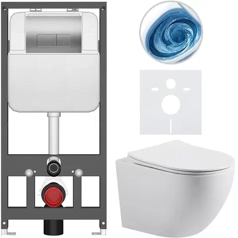 Záchody CERANO - Kompletný WC set Basic/Cesso - biela lesklá - WC tlačidlo Modulo/Strieborná - závesné - predstenová inštalácia - 49x36 CER-8050BD86013