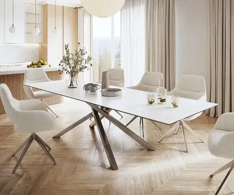 Jedálenské stoly DELIFE Jedálenský stôl Edge 300x100 cm keramika Laminam® Statuarietto biela krížová podstava obdĺžnik nerezová oceľ
