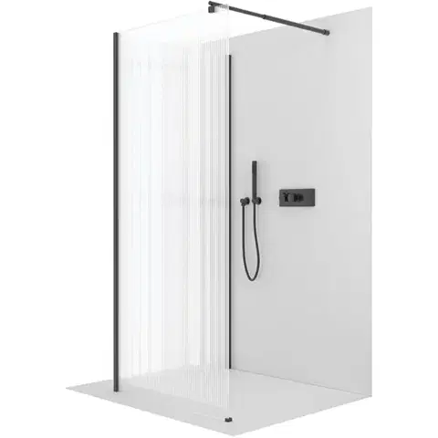 Sprchovacie kúty CERANO - Sprchová zástěna Walk-in Onyx Corner Round L/P - 8 mm - kulatá vzpěra - černá matná, rýhované sklo - 90x120x200  CER-670319