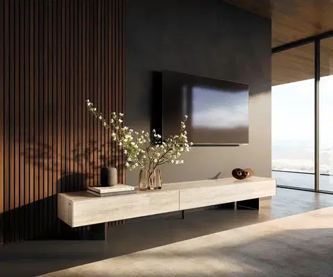 Televízne stolíky DELIFE TV stolík Cuor 250 cm keramika Laminam® Travertino Bianco krémovo biela 1 výklopné dvierka 1 zásuvka podstava závesná kov čierna