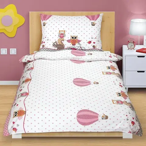 Obliečky Bellatex Bavlnené obliečky Sovička ružová, 140 x 200, 70 x 90 cm, 140 x 200 cm, 70 x 90 cm