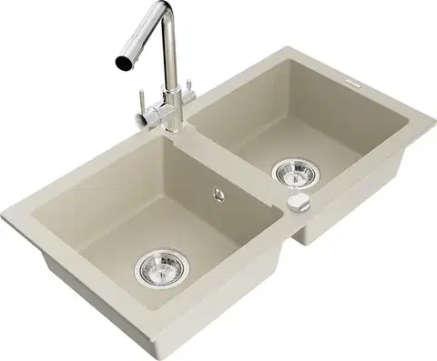 Kuchynské drezy MEXEN/S MEXEN/S - Mario granitový drez 2-bowl vrátane batérie Duero, béžová 6504-69-671600-00