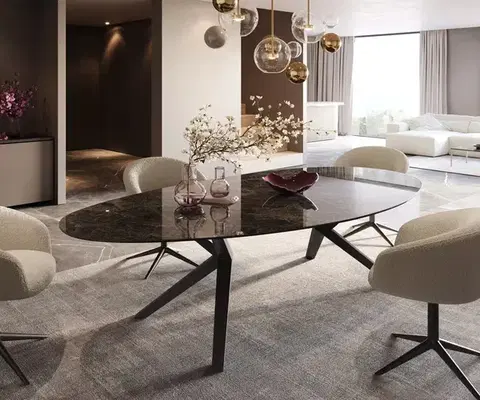 Jedálenské stoly DELIFE Jedálenský stôl Edge oválny 280x130 keramika Laminam®Emperador Extra Lucidato tmavohnedá Zenthara hranatý kov čierna