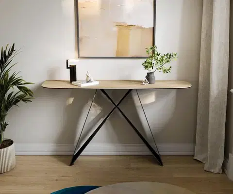 Konzolové stolíky DELIFE Konzolový stolík Edge zaoblený 140×40 cm keramika Laminam® Sabbia dubová farba Velio kov čierna