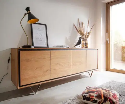 Komody DELIFE Komoda Stonegrace 200 cm akácia prírodná 4 dvierka kamenná dyha podstava v tvare V