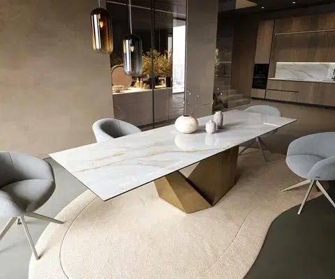 Jedálenské stoly DELIFE Jedálenský stôl Edge 300×100 cm keramika Onyx Pearl Prisma metalická zlatá