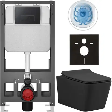 Záchody CERANO - Kompletný WC set Basic/Forte - čierna matná - WC tlačidlo Modulo/Čierna - voľne stojaca - predstenová inštalácia - 51x36 CER-8050BD86412