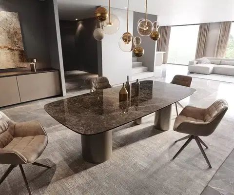 Jedálenské stoly DELIFE Jedálenský stôl Edge Boot 240x120 keramika Laminam® Emperador Extra Lucidato tmavohnedá Troa kov efektová povrchová úprava titánová