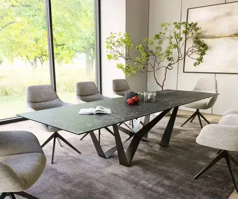 Jedálenské stoly DELIFE Jedálenský stôl Edge 300x100 cm keramika Laminam® Nero Greco antracitová pavúk plochá oceľ čierna