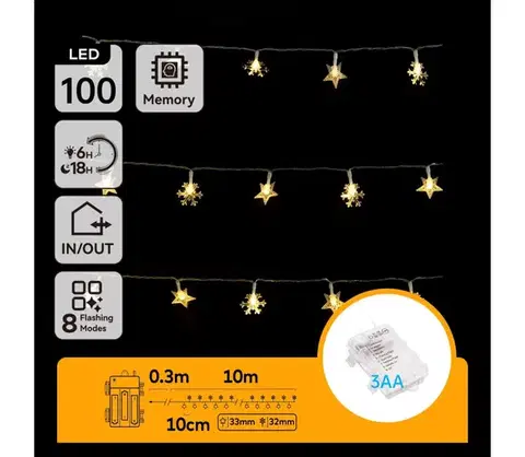LED osvetlenie  B.V.  - LED vonkajší vianočný reťazec 100×LED/8 funkcií 3×AA 10 m IP44 teplá biela s hviezdami B10303K50