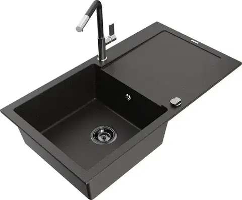 Kuchynské drezy MEXEN/S MEXEN/S - Leo granitový drez 1 s odkvapkávačom vrátane batérie Flora, čierna/zlatá metalik 6501-75-670401-07-B