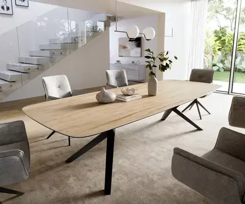 Jedálenské stoly DELIFE Jedálenský stôl Edge zaoblený 300×120 cm keramika Laminam® Sabbia dubová farba Zenthara hranatý kov čierny