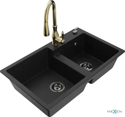 Kuchynské drezy MEXEN/S MEXEN/S - Tomas granitový drez 2-bowl vrátane batérie Savita, čierna 6516-77-672601-50-B