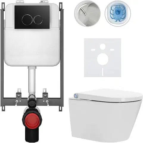 Záchody CERANO - Závesné WC s bidetom Basic/Cronus Standard - biela lesklá - WC tlačidlo Dualo/Čierna - na zamurovanie - 59,3x38,4 CER-8050BD86426