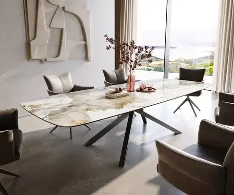 Jedálenské stoly DELIFE Jedálenský stôl Edge zaoblený tvar 300×120 cm keramika Minas Melange bielo-béžová krížová podstava pravouhlý nerezová oceľ grafitová