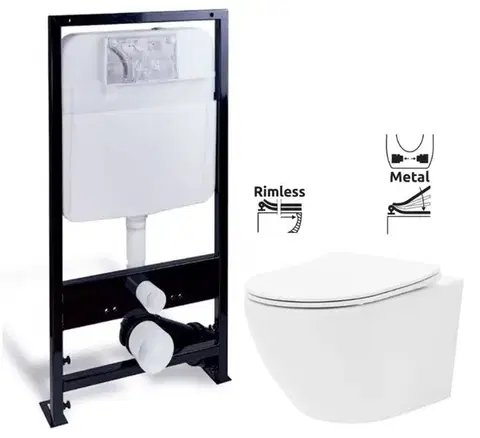Závesné wc sety PRIM predstenový inštalačný systém bez tlačidla + WC REA Carlo Flat Mini Rimlesss + SEDADLO PRIM_20/0026 X CF1