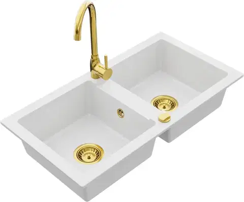 Kuchynské drezy MEXEN/S MEXEN/S - Mario granitový drez 2-bowl vrátane batérie Telma, biela 6504-20-670200-50