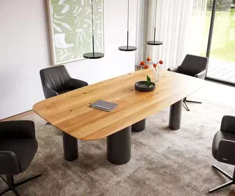 Jedálenské stoly DELIFE Jedálenský stôl Edge oválny 240x120x2,5-3 dub prírodný kovová podstava čierna švajčiarska hrana