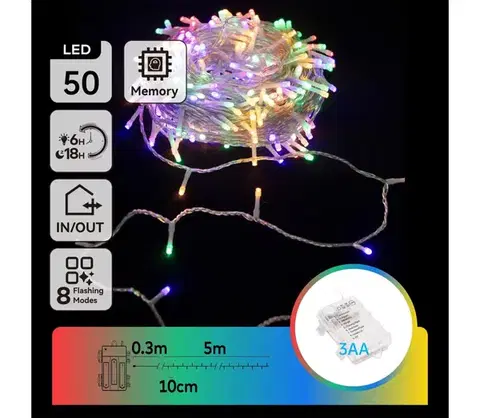 LED osvetlenie  B.V.  - LED vonkajšia svetelná reťaz 50×LED/8 režimov, 3×AA, 5,3 m, IP44, viacfarebná B10303K1X