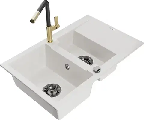 Kuchynské drezy MEXEN/S MEXEN/S - Gaspar granitový drez 1.5 s odkvapkávačom vrátane batérie Flora, biela 6507-20-670401-57-B
