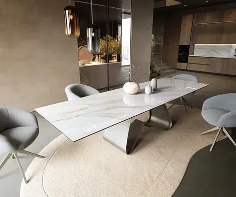 Jedálenské stoly DELIFE Jedálenský stôl Edge 300×100 cm keramika Onyx Pearl podstava v tvare W kov titánová farba
