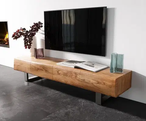 Televízne stolíky DELIFE TV stolík New Live-Edge 175 cm akácia prírodná 4 dvierka tenká podstava nerezová oceľ kefovaná