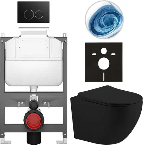 Záchody CERANO - Kompletný WC set Basic/Cesso - čierna matná - WC tlačidlo Dualo/Čierna - ovládanie zhora - predstenová inštalácia - 49x36 CER-8050BD86200