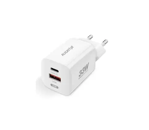 Predlžovacie káble Aligator CHPD0020 - Rýchlonabíjací adaptér GaN PD 33W USB-A + USB-C, biely CHPD0020