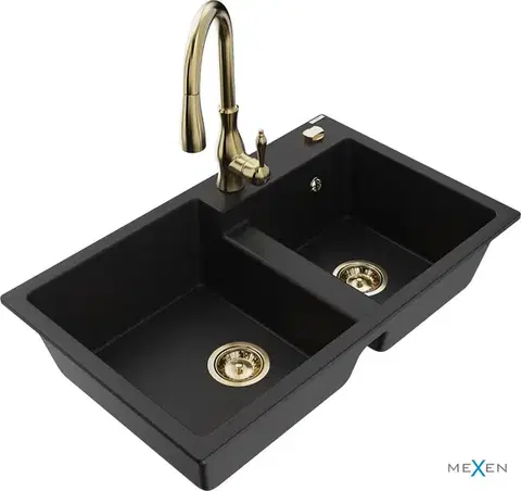 Kuchynské drezy MEXEN/S MEXEN/S - Tomas granitový drez 2-bowl vrátane batérie Savita, čierna 6516-77-672601-50