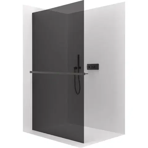 Sprchové dvere CERANO - Sprchová zástena Walk-in Crystal Ľ/P - 10 mm + polička/držiak na uteráky - bezvzperový systém - čierna matná, grafitové sklo - 120x200 CER-8050BD82783
