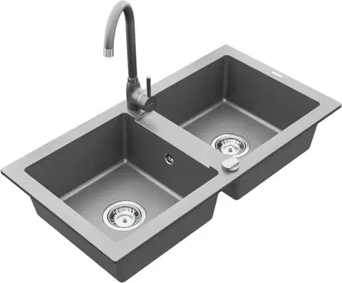 Kuchynské drezy MEXEN/S MEXEN/S - Mario granitový drez 2-bowl vrátane batérie Telma, šedá 6504-71-670200-71