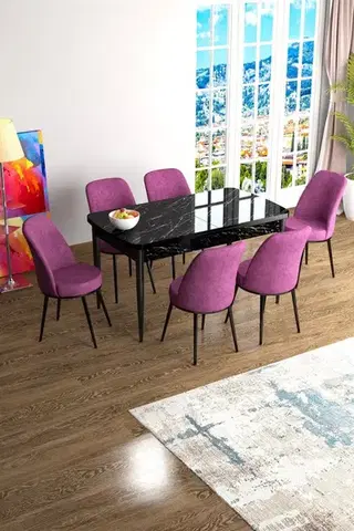 Jedálenské sety Extendable Dining Table & Chairs Set (7 Pieces) Han - Black Marble, Purple