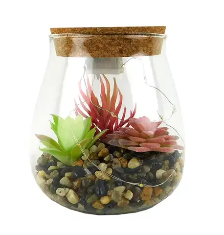 Umelé kvety MAKRO - Sukulent v skle s LED, 8,5x13x12cm
