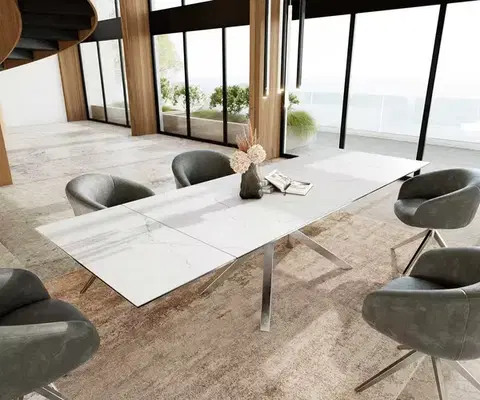 Jedálenské stoly DELIFE Jedálenský stôl Edge 200-300x100 keramika Laminam®Statuarietto biela krížová podstava obdĺžnik nerezová oceľ rozkladací