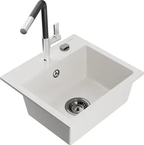 Kuchynské drezy MEXEN/S MEXEN/S - Milo granitový drez 1-miska vrátane batérie Flora, biela 6505-20-670401-07-B