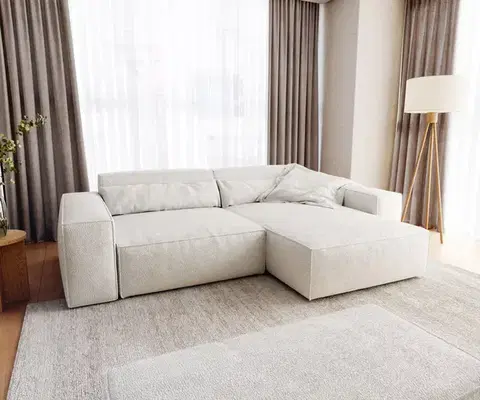 Rohové sedacie súpravy DELIFE Rohová pohovka Sirpio XL 270x170 cm bouclé bielo-krémová ležadlo variabilné s taburetom