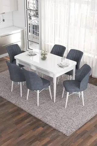 Jedálenské sety Extendable Dining Table & Chairs Set (7 Pieces) Eva - White, Fume