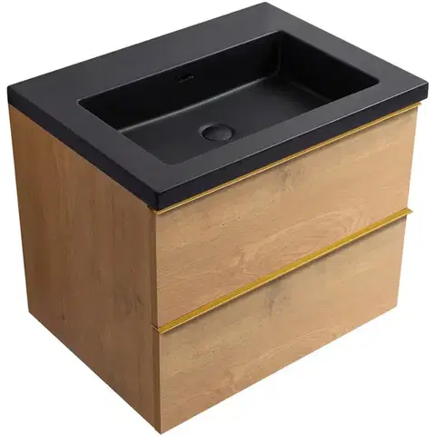Kúpeľňový nábytok CERANO - Kúpeľňová skrinka Velora - dub medový, úchytka zlatá + umývadlo z lit. mramoru Ovo - čierna matná - 70,5x58x46,5 CER-979981